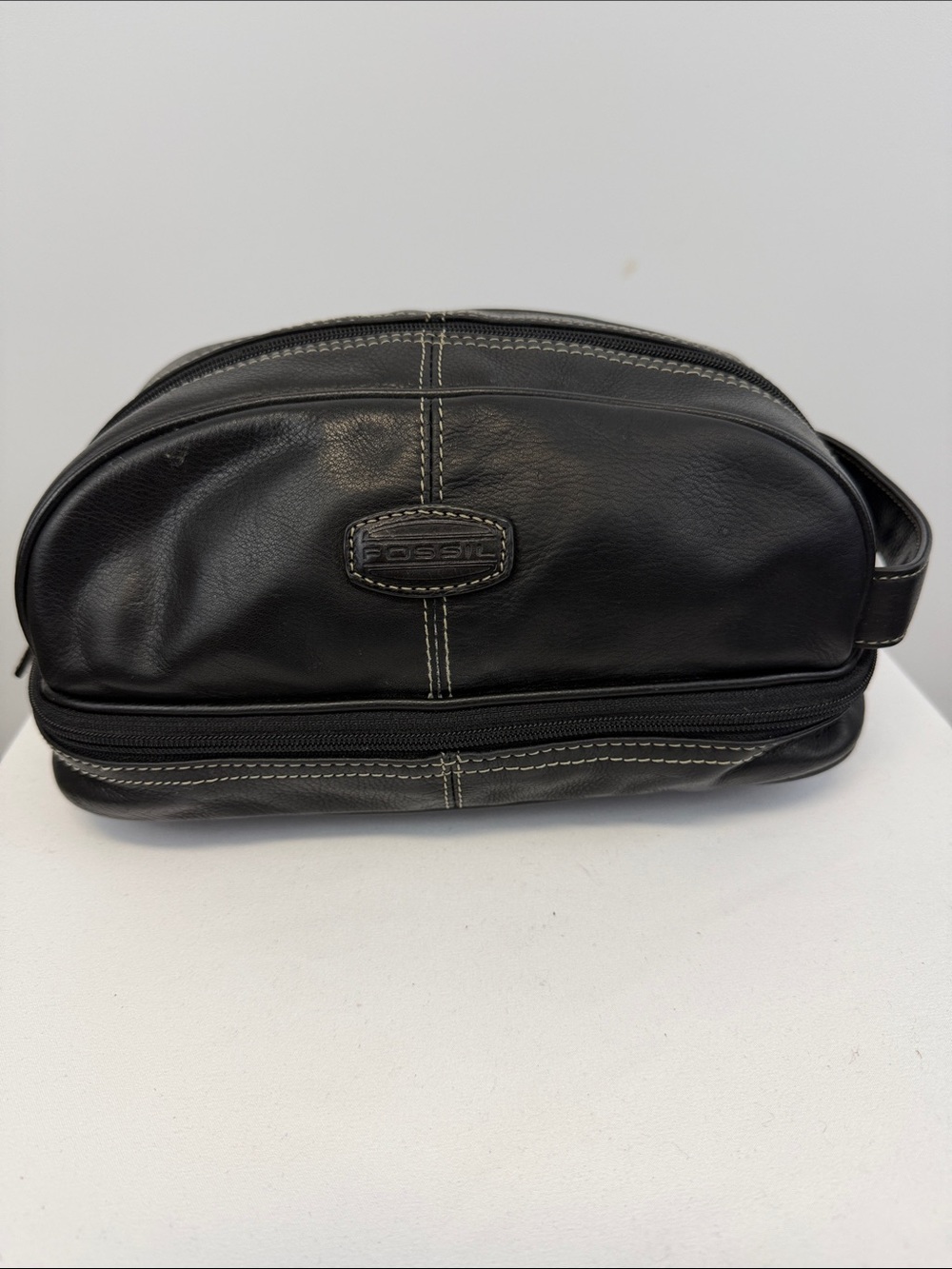 Fossil Black Leather Double Zip Travel Toiletry Dopp Kit Shaving Bag